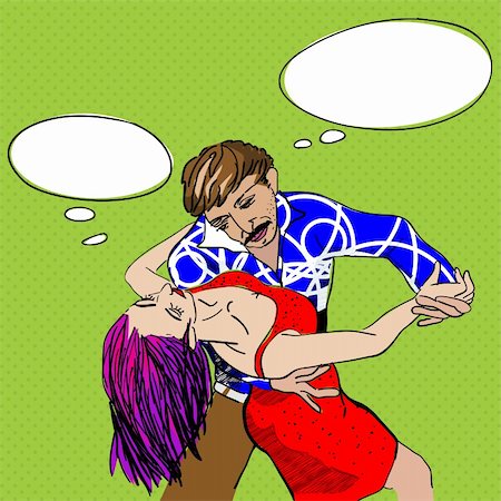 Kitsch couple dancing tango with speech bubbles, abstract retro graphic Stock Photo - Budget Royalty-Free & Subscription, Code: 400-05683812