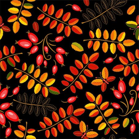 rose butterfly illustration - Autumn seamless black floral pattern with vivid leaves and  berries (vector) Stock Photo - Budget Royalty-Free & Subscription, Code: 400-05683953