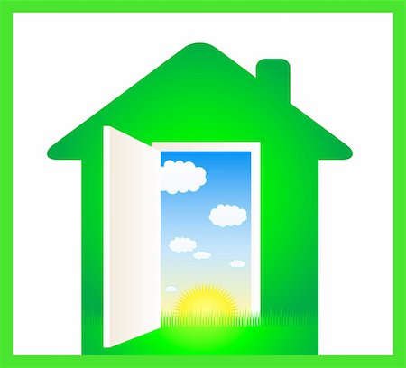 green eco house with door and cloud, sun, grass Stock Photo - Budget Royalty-Free & Subscription, Code: 400-05694131