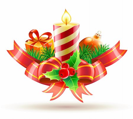 simsearch:400-07920008,k - Vector illustration of Christmas decorative composition with red bow,  ribbons, candle, holly leaves and berries Fotografie stock - Microstock e Abbonamento, Codice: 400-05694215