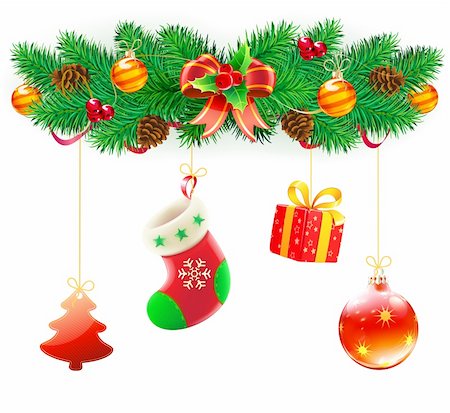 simsearch:400-05695809,k - Vector illustration of cool Christmas composition with evergreen branches, red bow and ribbon Stock Photo - Budget Royalty-Free & Subscription, Code: 400-05695642