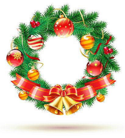 simsearch:400-05695809,k - Vector illustration of green wreath with red bow, ribbons, Christmas decoration and two golden bells Stock Photo - Budget Royalty-Free & Subscription, Code: 400-05695716