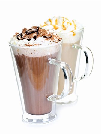 Hot chocolate and coffee beverages with whipped cream isolated on white background Stock Photo - Budget Royalty-Free & Subscription, Code: 400-05695722