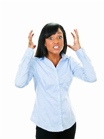 simsearch:400-05677069,k - Frustrated black woman with arms raised isolated on white background Fotografie stock - Microstock e Abbonamento, Codice: 400-05695761