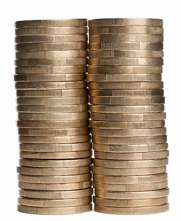 Stacks of 1 Euros Coins in front of white background Stock Photo - Budget Royalty-Free & Subscription, Code: 400-05696050