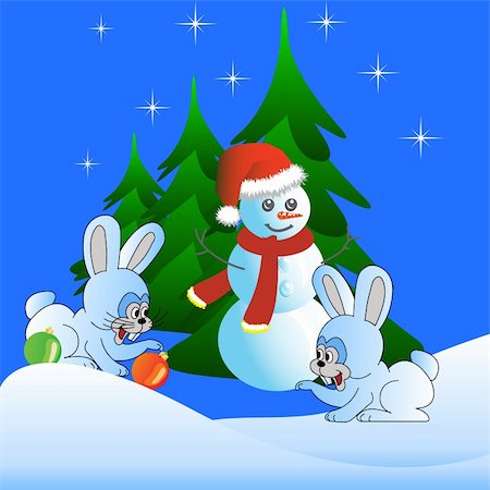 simsearch:400-05714031,k - Two white hare and the Snowman Stock Photo - Budget Royalty-Free & Subscription, Code: 400-05697104