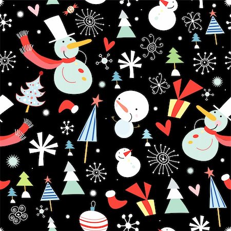 simsearch:400-05746053,k - seamless pattern of snowmen Christmas trees and snowflakes on a black Stock Photo - Budget Royalty-Free & Subscription, Code: 400-05697876