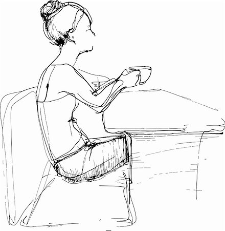 a sketch girl drinking tea at the table Foto de stock - Super Valor sin royalties y Suscripción, Código: 400-05698409