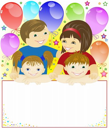 happy family holding a big poster on the background of the balls and stars Stock Photo - Budget Royalty-Free & Subscription, Code: 400-05698801