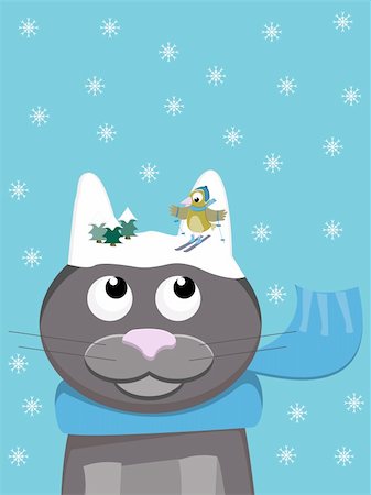 simsearch:400-04662476,k - cute cat with scarf during wintertime with snowy ears on which a bird is skiing. Pun on Words: snow-cat Stock Photo - Budget Royalty-Free & Subscription, Code: 400-05699252