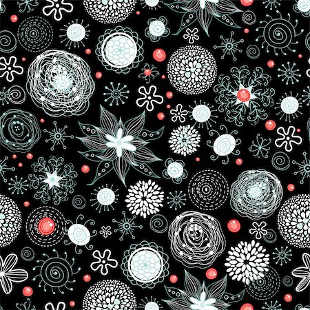 drawing designs for greeting card - seamless pattern of bright winter flowers and snowflakes on a black background Stock Photo - Budget Royalty-Free & Subscription, Code: 400-05699648