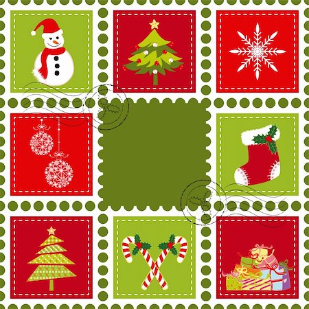 Sets of colorful Christmas stamp postage on green background Stock Photo - Budget Royalty-Free & Subscription, Code: 400-05699989