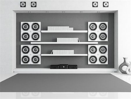 black and white music room with big speaker - rendering Stock Photo - Budget Royalty-Free & Subscription, Code: 400-05692388