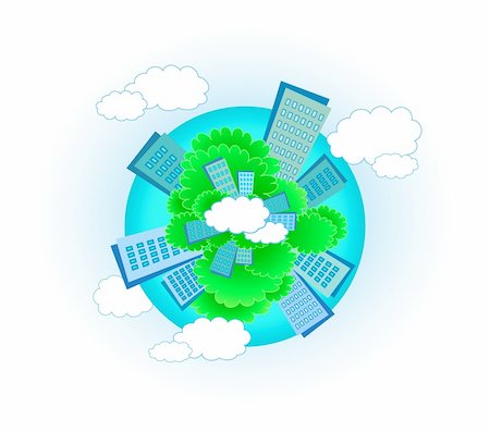 cute urban planet with skyscraper, tree and cloud Stock Photo - Budget Royalty-Free & Subscription, Code: 400-05692450