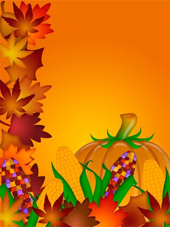 simsearch:400-06391236,k - Pumpkin Ornamental Corn Cob and Fall Leaves Illustration Fotografie stock - Microstock e Abbonamento, Codice: 400-05692654