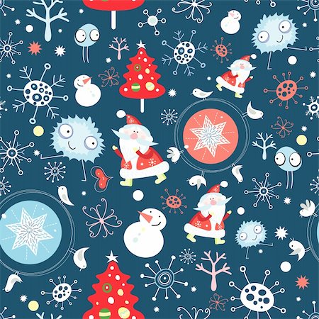 snowmen backgrounds - New bright seamless pattern with Santa Claus and Christmas trees Crank on a dark blue background Stock Photo - Budget Royalty-Free & Subscription, Code: 400-05693044