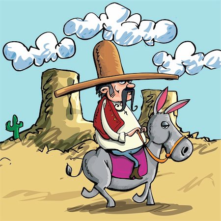 Cute Cartoon Mexican wearing a sombrero riding a donkey in the desert Foto de stock - Super Valor sin royalties y Suscripción, Código: 400-05693141