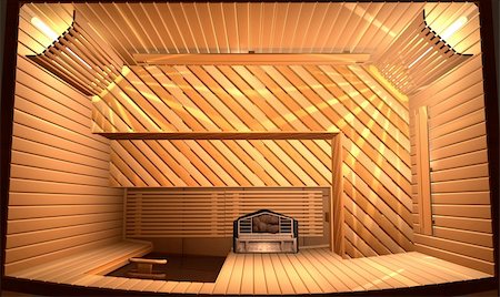 Wooden steam room in sauna. 3D illustration. Top view Stock Photo - Budget Royalty-Free & Subscription, Code: 400-05693396