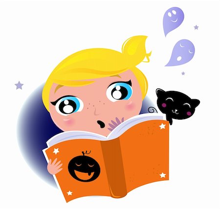 simsearch:400-07097273,k - Little Girl reading Halloween book, Ghosts, Black cat. Vector cartoon Illustration. Photographie de stock - Aubaine LD & Abonnement, Code: 400-05693530