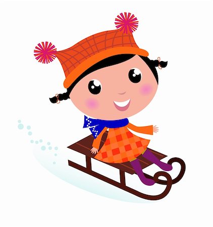 simsearch:400-05693542,k - Cute Girl sledding in Winter. Vector cartoon Illustration. Photographie de stock - Aubaine LD & Abonnement, Code: 400-05693542