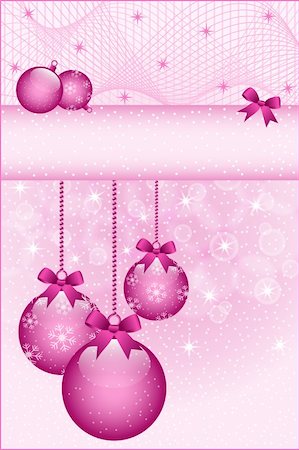 Rose pink christmas balls and bows decorated with snowflakes. Stars and snow in the background. Copy space for text. Photographie de stock - Aubaine LD & Abonnement, Code: 400-05693563