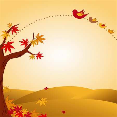 simsearch:400-06179170,k - autumn landscape tree colorful leaf and flying birds Stock Photo - Budget Royalty-Free & Subscription, Code: 400-05704208