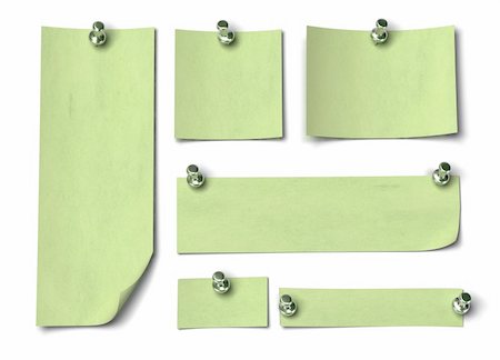 push pin reminder - Set of green notes with different sizes, large, long. fixed by a thumbtack onto a white wall Stock Photo - Budget Royalty-Free & Subscription, Code: 400-05704325