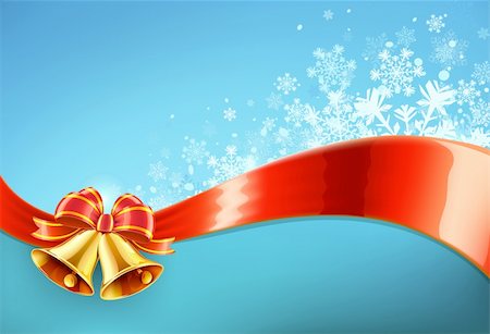 simsearch:400-05695809,k - Vector illustration of Blue christmas abstract background with cool snowflakes, red ribbon and two golden bells Stock Photo - Budget Royalty-Free & Subscription, Code: 400-05704321