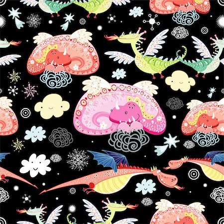 dragons designs background - bright seamless pattern of dragons on a black background with clouds and snowflakes Stock Photo - Budget Royalty-Free & Subscription, Code: 400-05704714