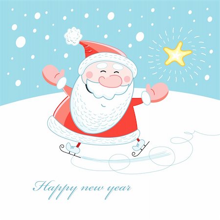 skating ice background - bright cheerful Santa Claus ice-skating on a blue background with the snow and the star Stock Photo - Budget Royalty-Free & Subscription, Code: 400-05704710