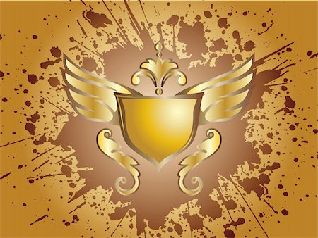 Vector illustration of a gold shield and wings with heraldic elements on a ink splash background Foto de stock - Royalty-Free Super Valor e Assinatura, Número: 400-05704863