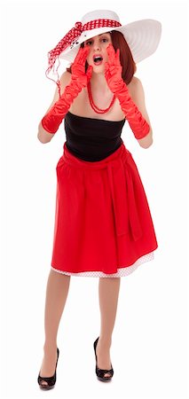 screaming retro woman - Shouting fashion girl in retro style with bright make-up and big hat on white background Stock Photo - Budget Royalty-Free & Subscription, Code: 400-05705204