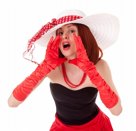 screaming retro woman - Shouting fashion girl in retro style with bright make-up and big hat on white background Stock Photo - Budget Royalty-Free & Subscription, Code: 400-05705203