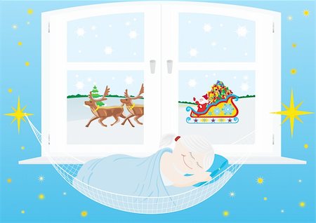 snowflakes on window - Sleep baby in a hammock on the background of the window, followed by Santa Claus to reindeer luck New Year's gifts. Foto de stock - Super Valor sin royalties y Suscripción, Código: 400-05705433