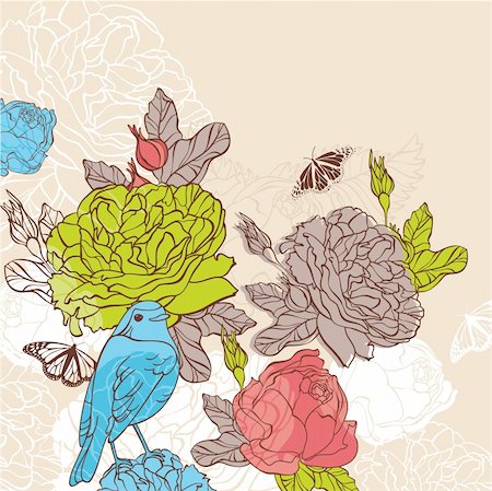 floral ornaments with flowers and birds - abstract lovely vector floral card with bird Stock Photo - Budget Royalty-Free & Subscription, Code: 400-05706264