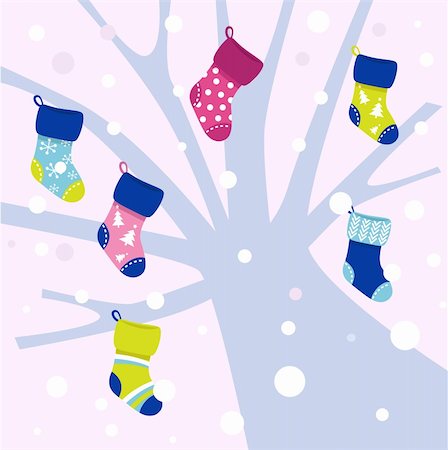 Winter colorful socks hanging from tree. Vector cartoon illustration Stock Photo - Budget Royalty-Free & Subscription, Code: 400-05706912