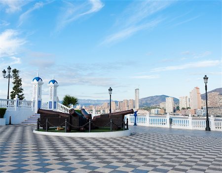 Bendidorm´s  landmark viewpoint, traditional Mediterranean architecture against the background of skyscrapers Stock Photo - Budget Royalty-Free & Subscription, Code: 400-05706928