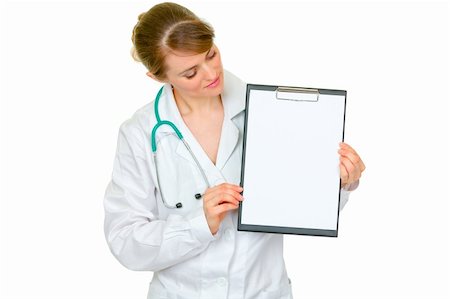 simsearch:400-07099823,k - Medical female doctor showing blank clipboard isolated on white Stock Photo - Budget Royalty-Free & Subscription, Code: 400-05706951