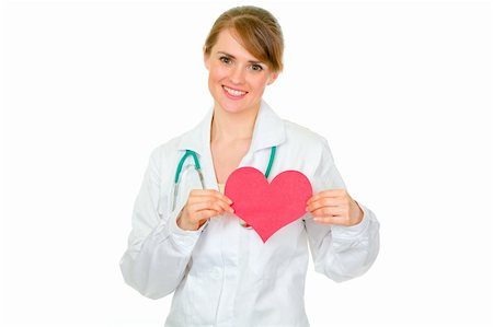 simsearch:400-04351236,k - Smiling medical doctor woman holding paper heart isolated on white Stock Photo - Budget Royalty-Free & Subscription, Code: 400-05706964