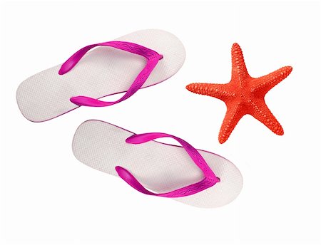 pink flip flops beach - beach shoes and red seastar isolated on white Stock Photo - Budget Royalty-Free & Subscription, Code: 400-05708101