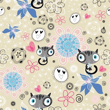retro cat pattern - Seamless floral pattern with funny cats on a brown background Stock Photo - Budget Royalty-Free & Subscription, Code: 400-05708379