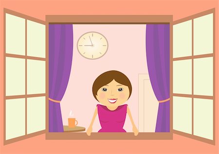 the beautiful woman in window with clock and cup of cofee Stock Photo - Budget Royalty-Free & Subscription, Code: 400-05709169