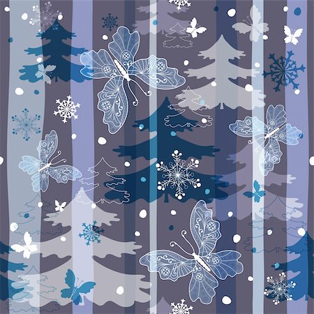 simsearch:400-04709734,k - Winter repeating pattern with snowflakes, trees and butterflies (vector EPS 10) Stock Photo - Budget Royalty-Free & Subscription, Code: 400-05700954