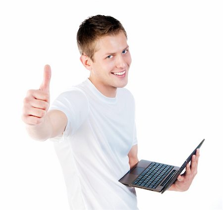 smart guy with a laptop isolated on white Foto de stock - Super Valor sin royalties y Suscripción, Código: 400-05701141