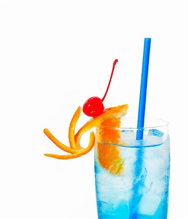 blue long drink cocktail with orange and cherry garnish and blue straw ,isolated on white background Stock Photo - Budget Royalty-Free & Subscription, Code: 400-05701281