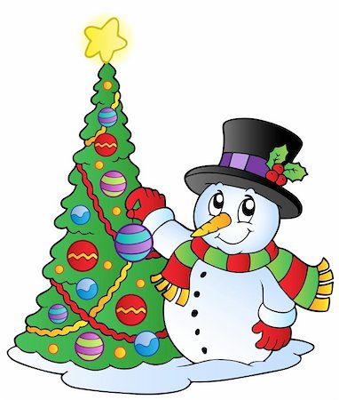 simsearch:400-05701439,k - Cartoon snowman with Christmas tree - vector illustration. Stock Photo - Budget Royalty-Free & Subscription, Code: 400-05701433