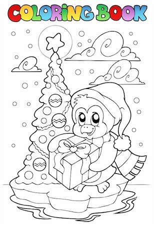 Coloring book penguin holding gift - vector illustration. Stock Photo - Budget Royalty-Free & Subscription, Code: 400-05701448