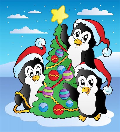 Christmas scene with three penguins - vector illustration. Stock Photo - Budget Royalty-Free & Subscription, Code: 400-05701440