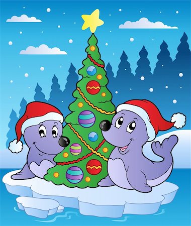 simsearch:400-05701435,k - Two seals with Christmas tree - vector illustration. Foto de stock - Super Valor sin royalties y Suscripción, Código: 400-05701461