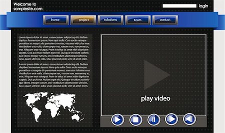 web site design template for company with dark background, white frame, arrows, map of the world and video player Stock Photo - Budget Royalty-Free & Subscription, Code: 400-05701561